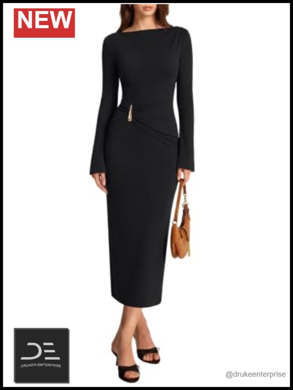 REORIA Long Sleeve Boat Neck Bodycon Maxi Dress Wedding Guest